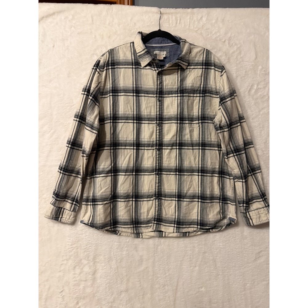 Carbon2Cobalt‎ Mens Large Plaid Button Down Shirt Organic Cotton Grey Cream L
